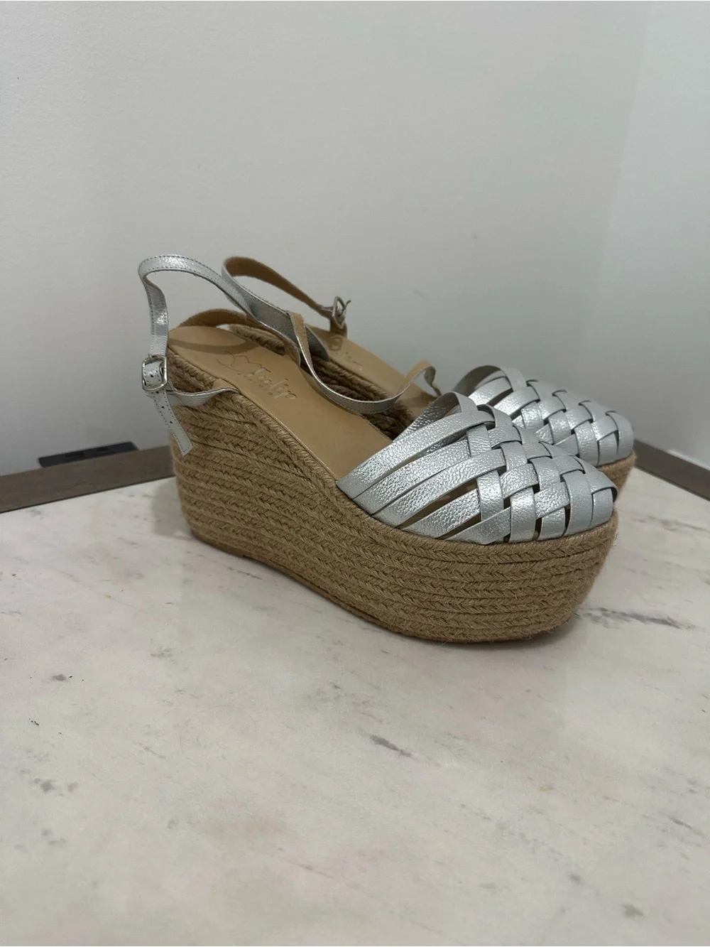 Metallic Silver Woven Espadrille Platform Wedge Sandals